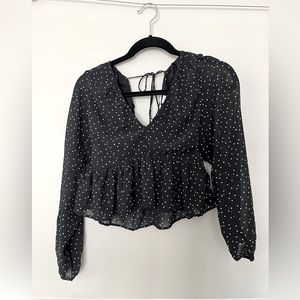 NWOT H&M Black w/ White Polka Dot Semi-Crop Top Deep VNeck Back Long Puff Sleeve